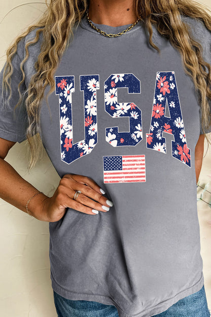 Graues, blühendes T-Shirt mit USA-Flaggen-Print