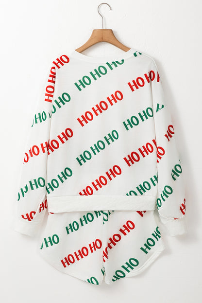 Weißes Set mit Pullover mit überschnittenen Schultern und lässigen Shorts im Weihnachts-HOHOHO-Print