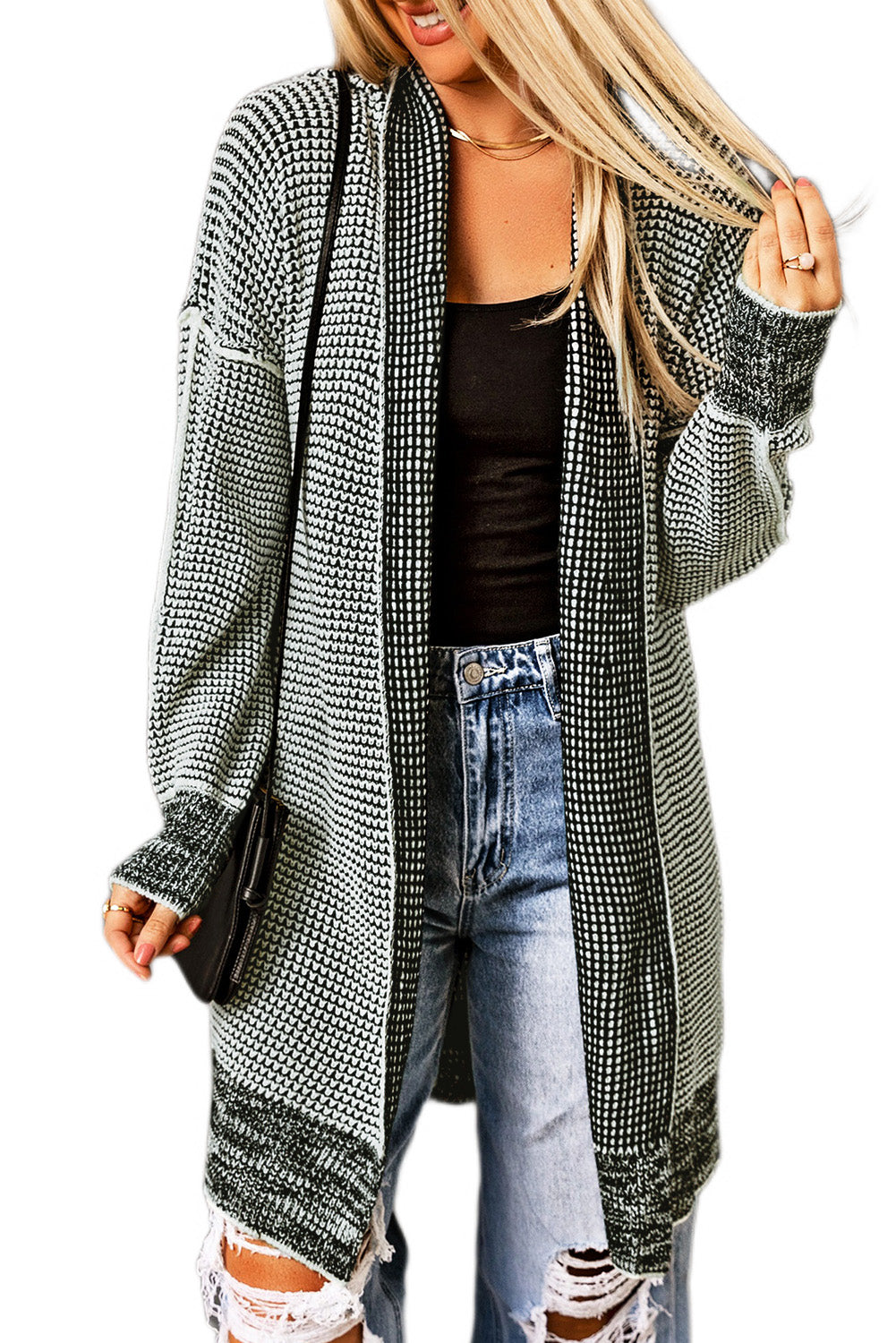 Grau karierte, lange Strickjacke mit offener Vorderseite