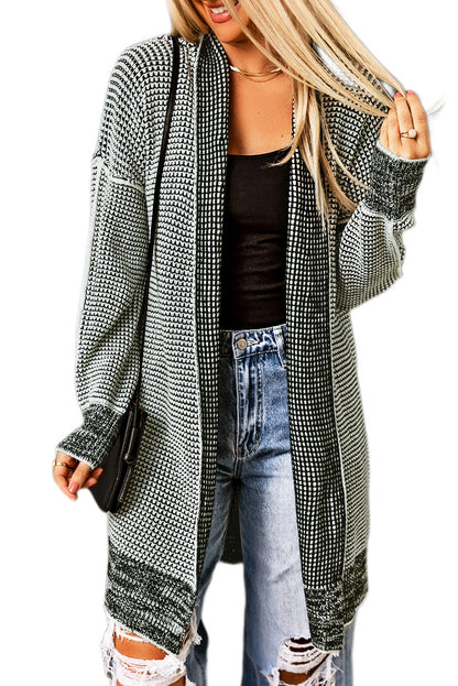 Grau karierte, lange Strickjacke mit offener Vorderseite