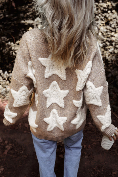 Khakifarbener Sherpa-Strickpullover mit Sternenmuster und Taschen