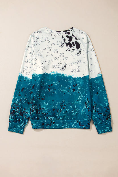 Blauer Tie Dye Kuh Farbblock Pullover
