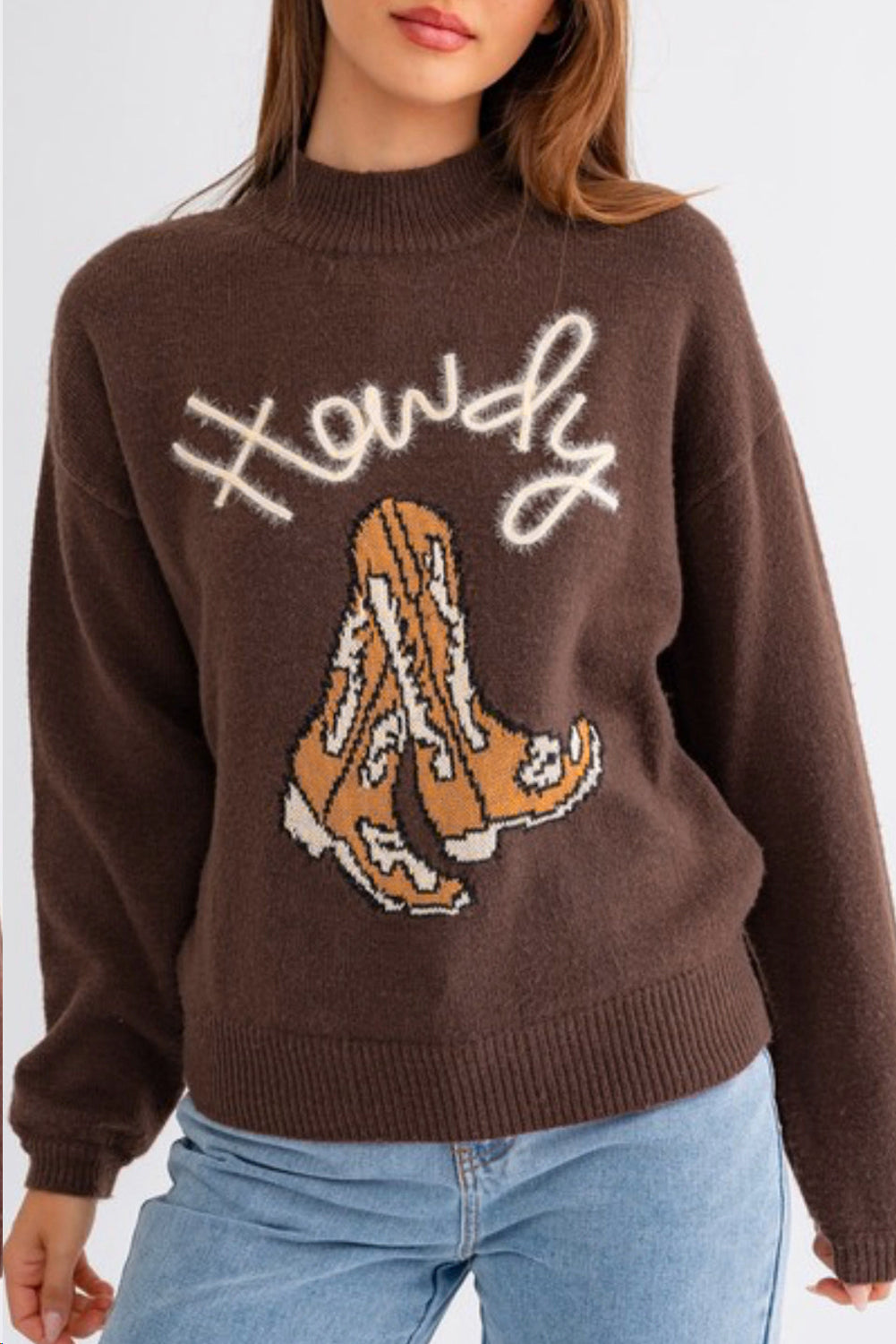Kaffeefarbener Westernpullover mit Howdy Boot-Grafik und hohem Kragen