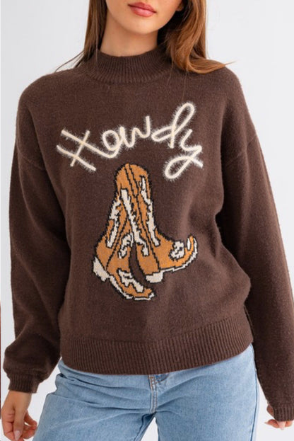 Kaffeefarbener Westernpullover mit Howdy Boot-Grafik und hohem Kragen