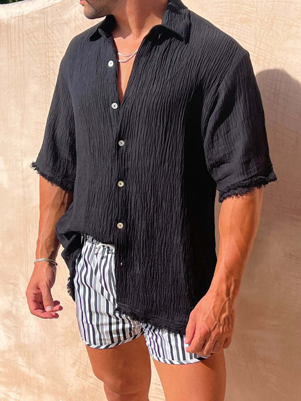 Men's Cotton Linen Short Sleeve Casual Loose T-Shirt Solid Color Shirt