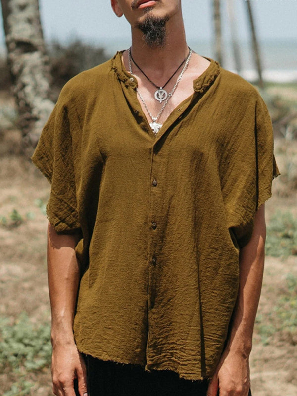 Men's Cotton Linen Shirt Short Sleeve Cardigan Solid Color Casual Loose T-Shirt