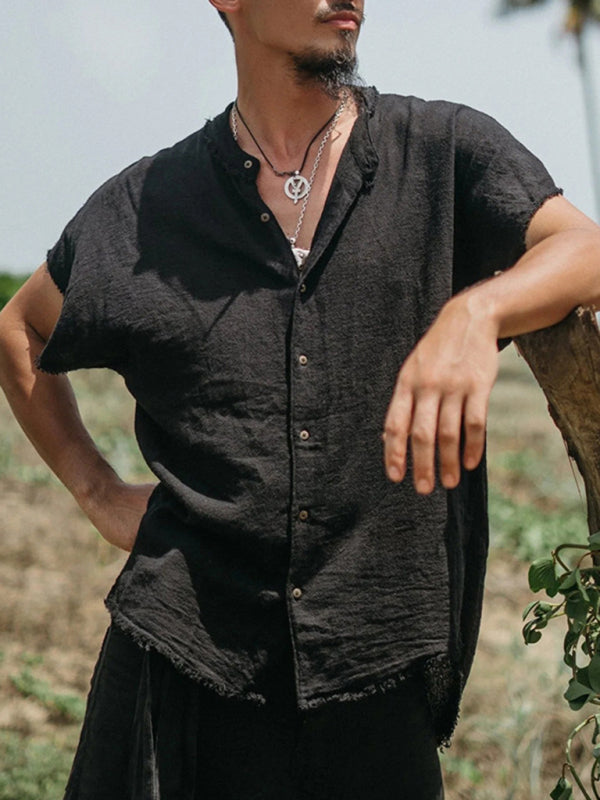 Men's Cotton Linen Shirt Short Sleeve Cardigan Solid Color Casual Loose T-Shirt