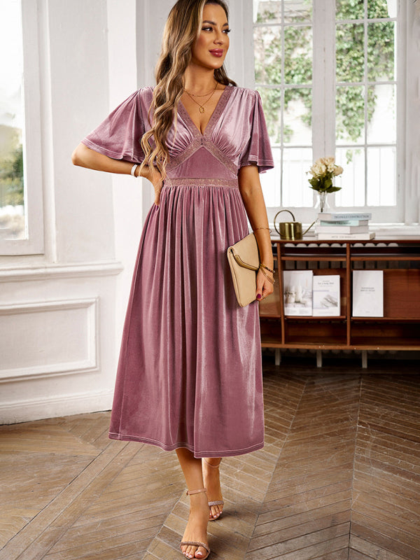New elegant V-neck short-sleeved velvet dress