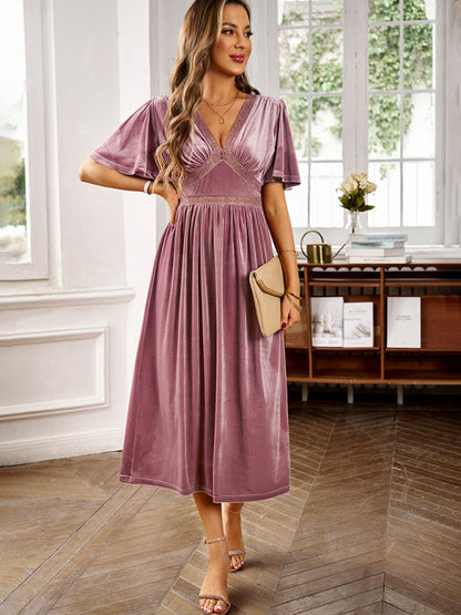 New elegant V-neck short-sleeved velvet dress