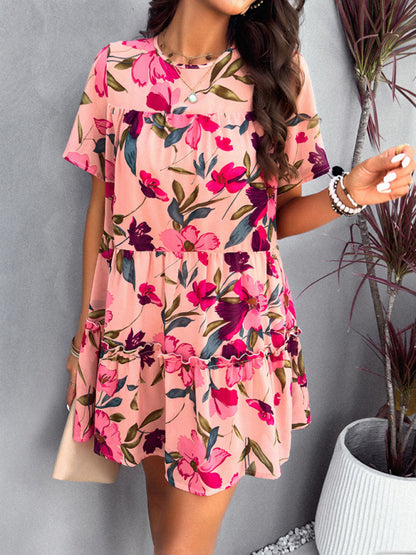 Neues lässiges, kurzärmeliges Urlaubskleid mit Print für Damen 