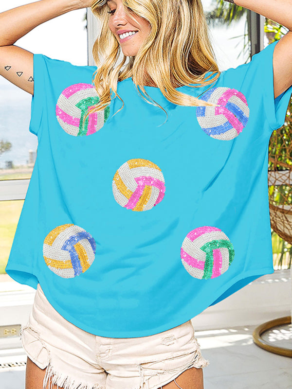 Neuer Pullover mit farbiger Ballpaillettenstickerei und Rundhalsausschnitt, kurzärmeliges T-Shirt 
