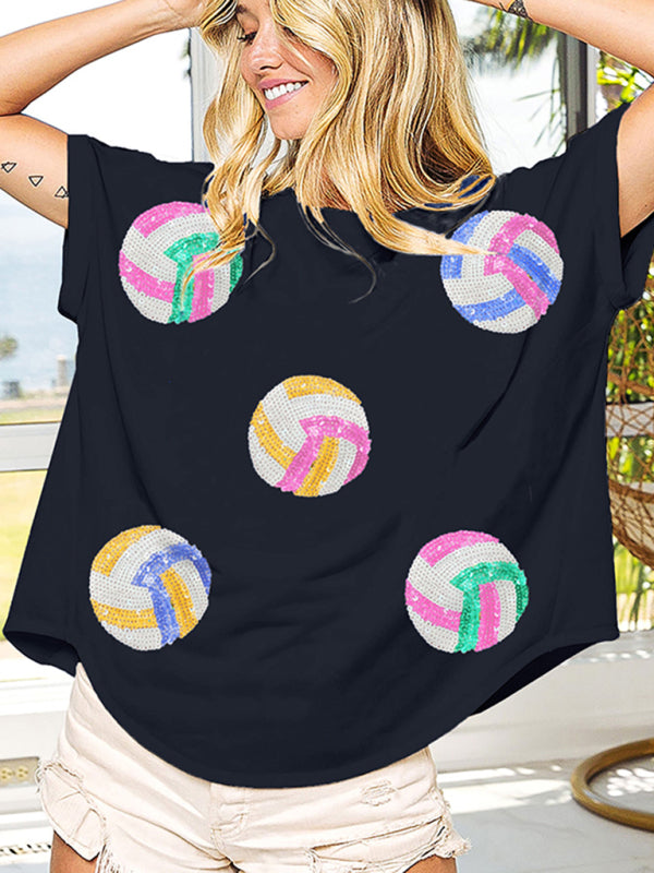Neuer Pullover mit farbiger Ballpaillettenstickerei und Rundhalsausschnitt, kurzärmeliges T-Shirt 