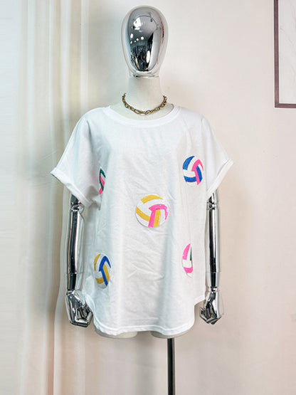 Neuer Pullover mit farbiger Ballpaillettenstickerei und Rundhalsausschnitt, kurzärmeliges T-Shirt 