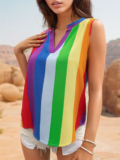 Damen Ärmelloses Basic Shirt Oberteile Bunt Gestreift V-Ausschnitt Shirt 