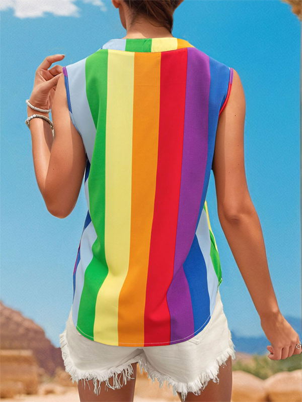 Damen Ärmelloses Basic Shirt Oberteile Bunt Gestreift V-Ausschnitt Shirt 