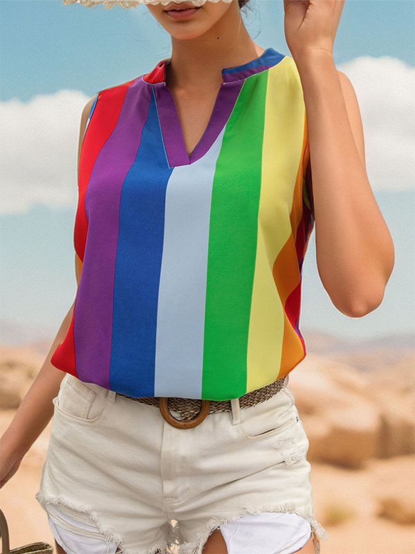 Damen Ärmelloses Basic Shirt Oberteile Bunt Gestreift V-Ausschnitt Shirt 