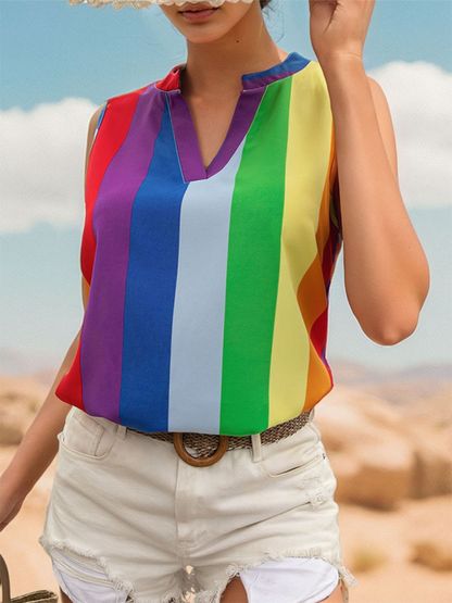 Damen Ärmelloses Basic Shirt Oberteile Bunt Gestreift V-Ausschnitt Shirt 
