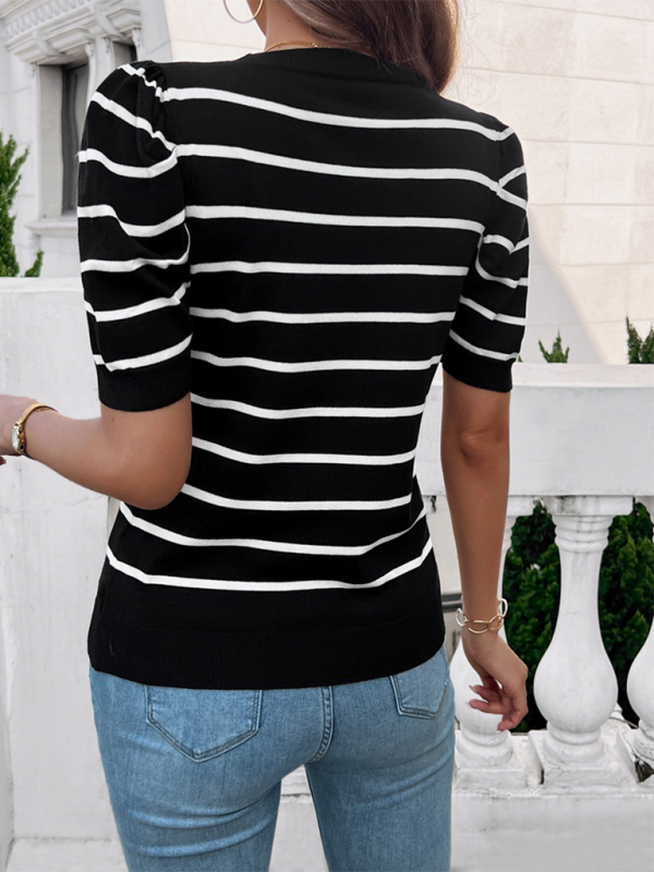 Damenoberteile Pullover mit Puffärmeln und Rundhalsausschnitt in Kontrastfarbe 