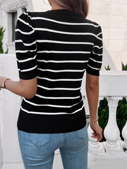 Damenoberteile Pullover mit Puffärmeln und Rundhalsausschnitt in Kontrastfarbe 