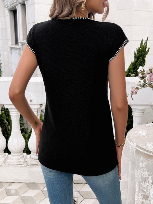 Lässiger Kurzarmpullover in Kontrastfarbe für Damen im Frühling und Sommer 