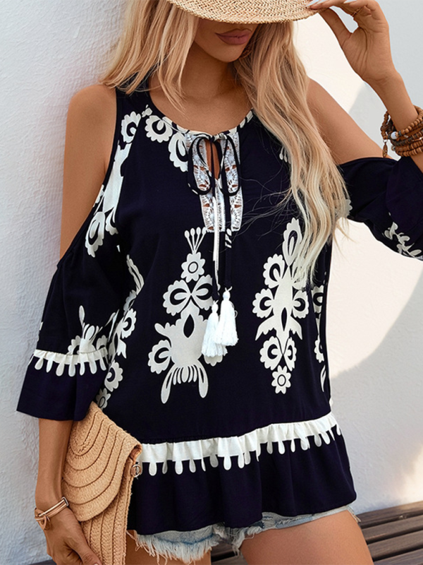 Neues Retro-Hemd mit bequemer Cold-Shoulder-Schnürung und Quaste 