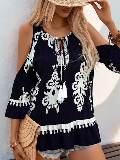 Neues Retro-Hemd mit bequemer Cold-Shoulder-Schnürung und Quaste 