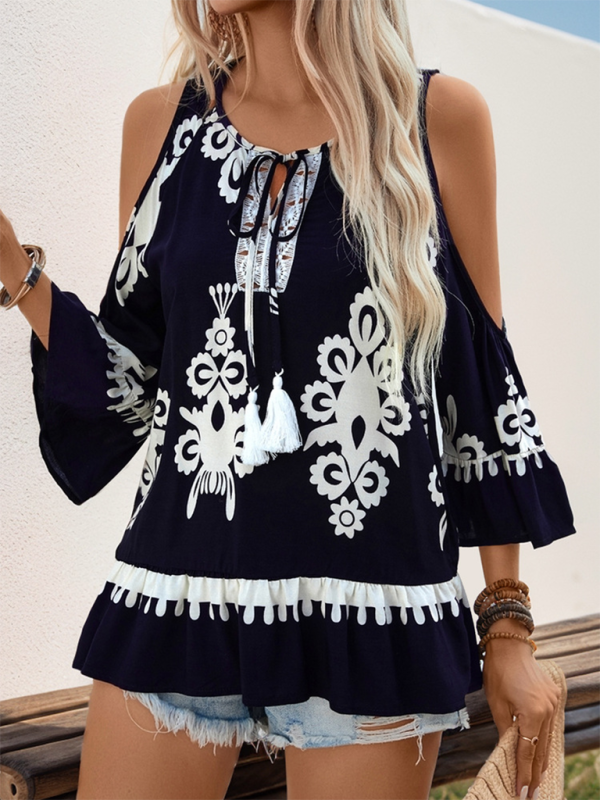Neues Retro-Hemd mit bequemer Cold-Shoulder-Schnürung und Quaste 