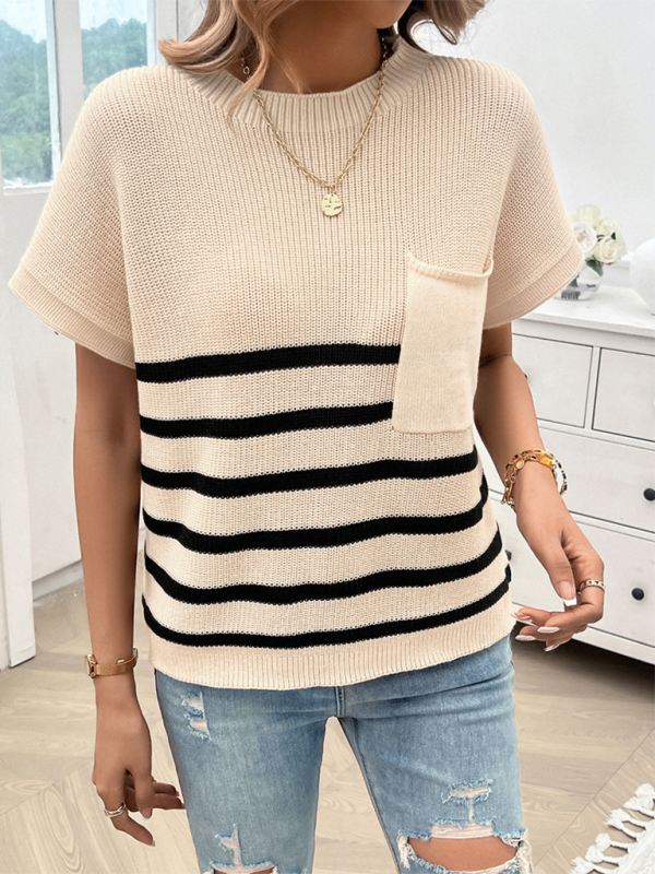 Temperamentvoller Pullover für Damen mit Rundhalsausschnitt, gestreiften Kontrastfarben und kurzen Ärmeln 