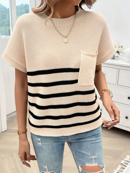 Temperamentvoller Pullover für Damen mit Rundhalsausschnitt, gestreiften Kontrastfarben und kurzen Ärmeln 