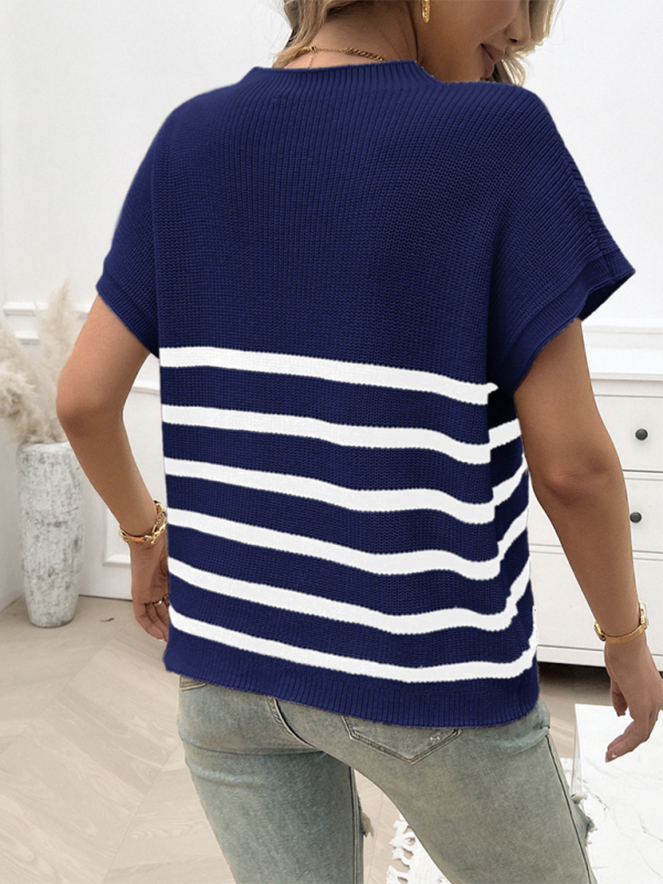 Temperamentvoller Pullover für Damen mit Rundhalsausschnitt, gestreiften Kontrastfarben und kurzen Ärmeln 
