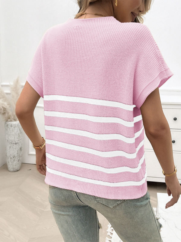 Temperamentvoller Pullover für Damen mit Rundhalsausschnitt, gestreiften Kontrastfarben und kurzen Ärmeln 
