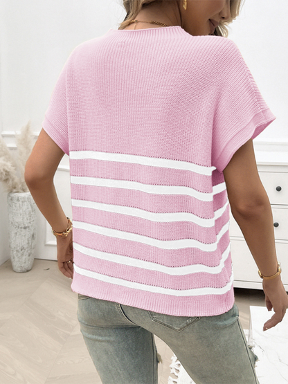 Temperamentvoller Pullover für Damen mit Rundhalsausschnitt, gestreiften Kontrastfarben und kurzen Ärmeln 