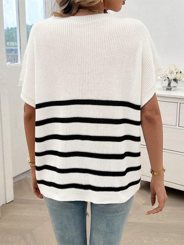 Temperamentvoller Pullover für Damen mit Rundhalsausschnitt, gestreiften Kontrastfarben und kurzen Ärmeln 