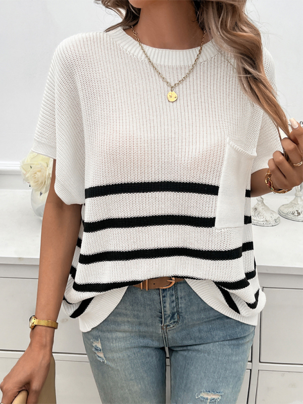 Temperamentvoller Pullover für Damen mit Rundhalsausschnitt, gestreiften Kontrastfarben und kurzen Ärmeln 