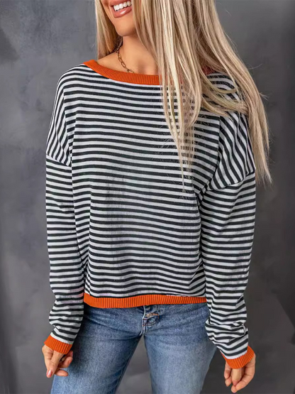 Lässiger Damenpullover mit Rundhalsausschnitt, Streifen und Kontrastfarbe und langen Ärmeln 