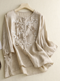 Schwere Stickerei Shirt Damen Rundhals Dünn Schlitz Retro Leinen Top 