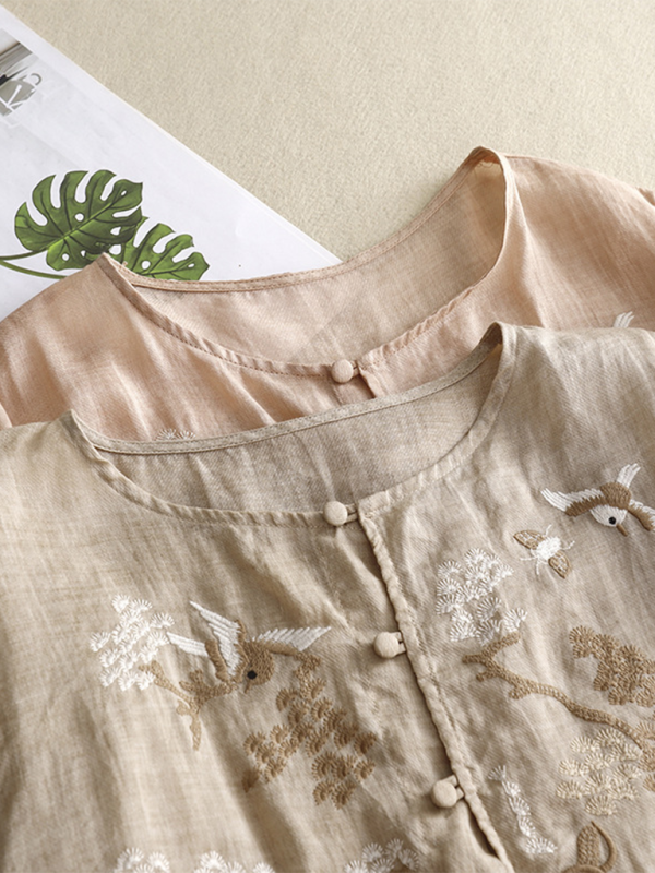 Schwere Stickerei Shirt Damen Rundhals Dünn Schlitz Retro Leinen Top 