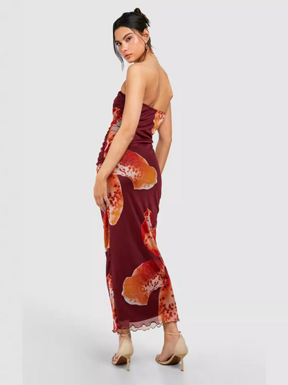 Women's tight tube top sexy sleeveless dress mesh pleated print