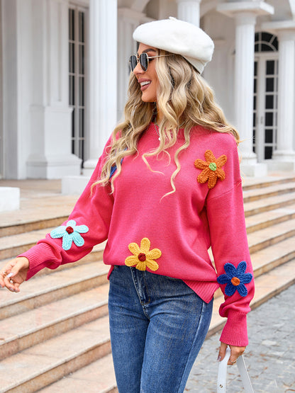 Damen neuer floraler lockerer Rundhalspullover 