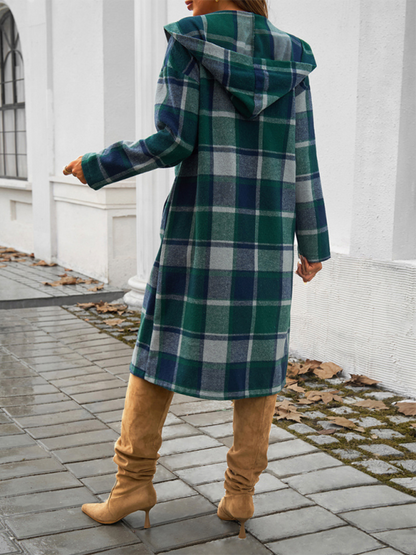 Lässige, lockere Damenjacke mit karierter Kapuze und Knöpfen in Kontrastfarbe 