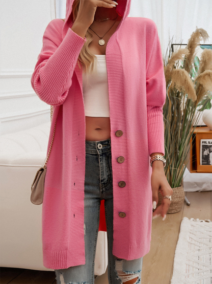 Lässige, lockere Strickjacke mit Knopfleiste und Kapuze 
