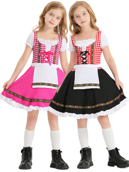 Kinderkleidung Deutscher traditioneller Bierfestanzug schwarz-rosa karierter Aufdruck ethnische Performance-Kleidung 