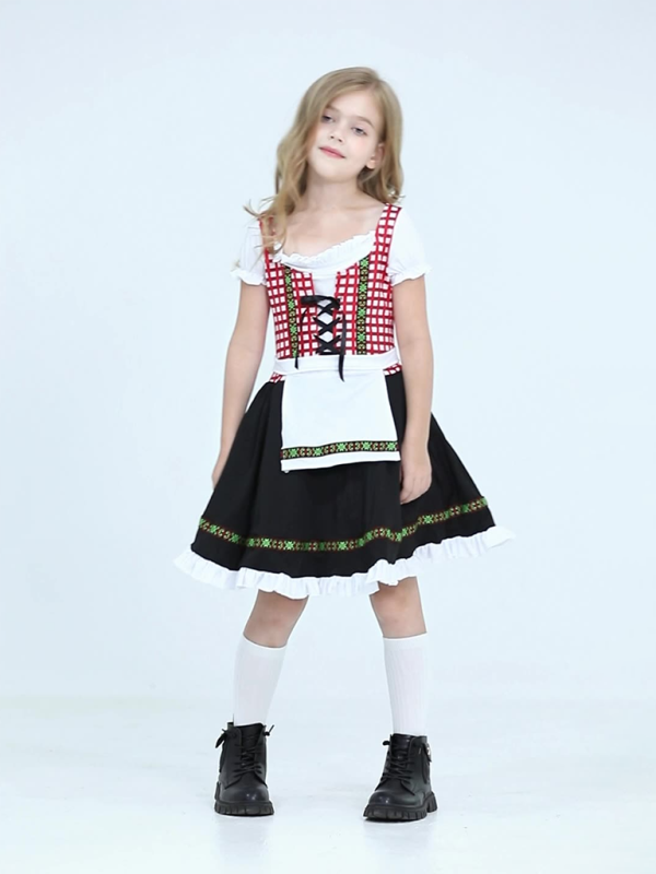 Kinderkleidung Deutscher traditioneller Bierfestanzug schwarz-rosa karierter Aufdruck ethnische Performance-Kleidung 
