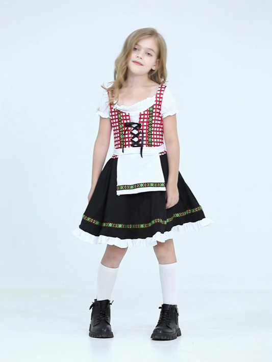 Kinderkleidung Deutscher traditioneller Bierfestanzug schwarz-rosa karierter Aufdruck ethnische Performance-Kleidung 