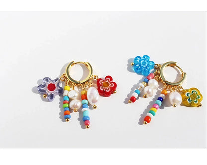 Brass 24K Gold Plated Inlay Geometric Freshwater Pearl Colored Glaze Earrings