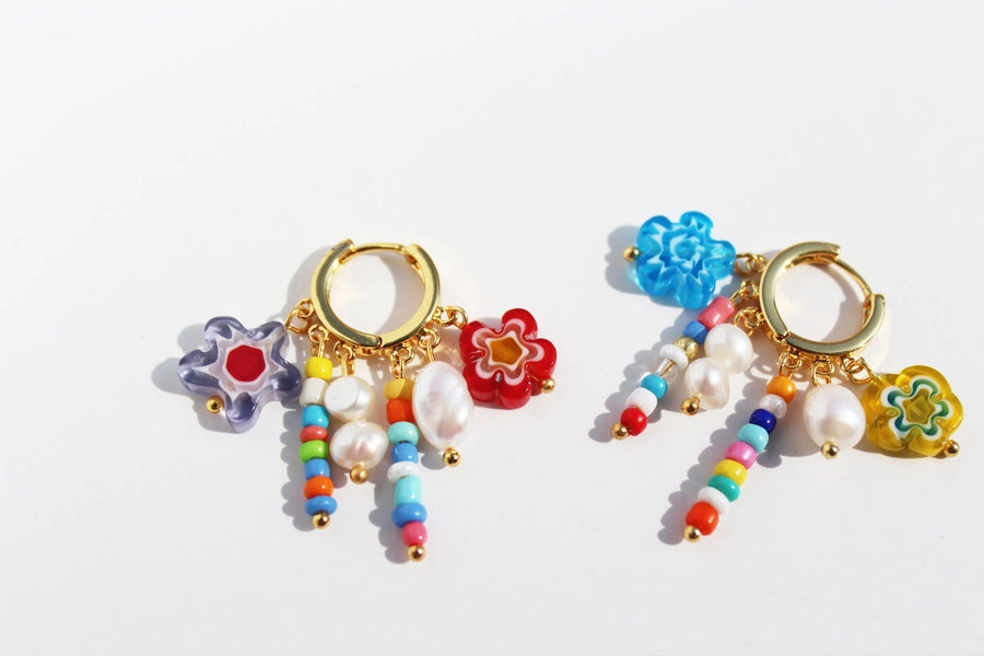 Brass 24K Gold Plated Inlay Geometric Freshwater Pearl Colored Glaze Earrings