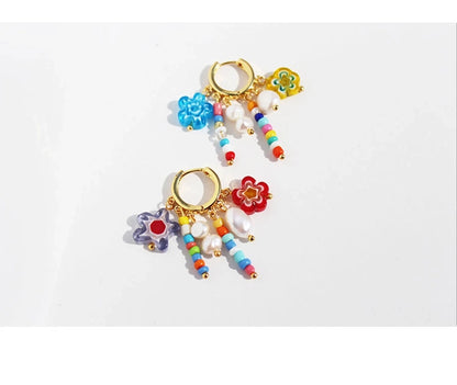 Brass 24K Gold Plated Inlay Geometric Freshwater Pearl Colored Glaze Earrings