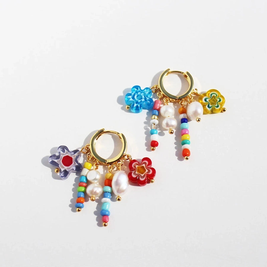 Brass 24K Gold Plated Inlay Geometric Freshwater Pearl Colored Glaze Earrings