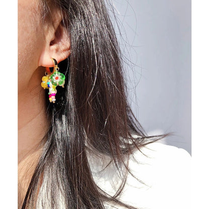 Brass 24K Gold Plated Inlay Geometric Freshwater Pearl Colored Glaze Earrings