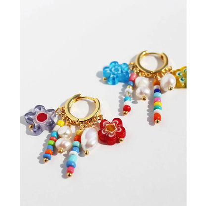 Brass 24K Gold Plated Inlay Geometric Freshwater Pearl Colored Glaze Earrings